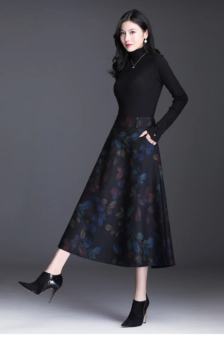 

Women High Waist Plus Size Woolen Print Big Swing Skirt Office Lady Elegant Chic Thick A-line Floral Long Skirts Autumn Winter
