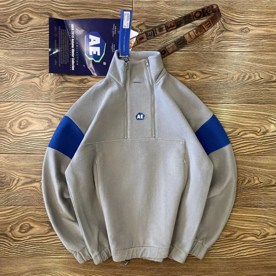 

Флисовая Куртка с полумолнией для мужчин и женщин, лоскутные куртки с надписью AE и воротником-стойкой, одежда для мужчин