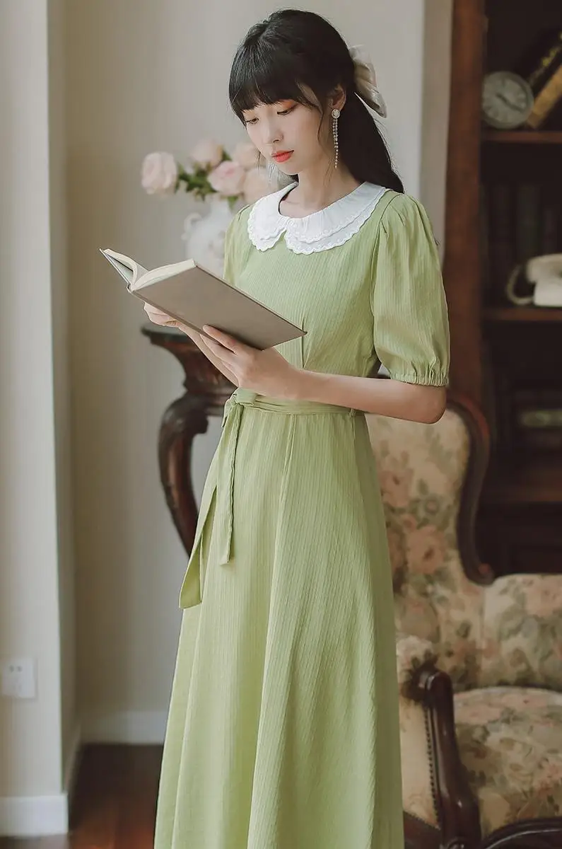 

COIGARSAM French Style Women dress Vintage Peter pan Collar Dresses Green Y1579