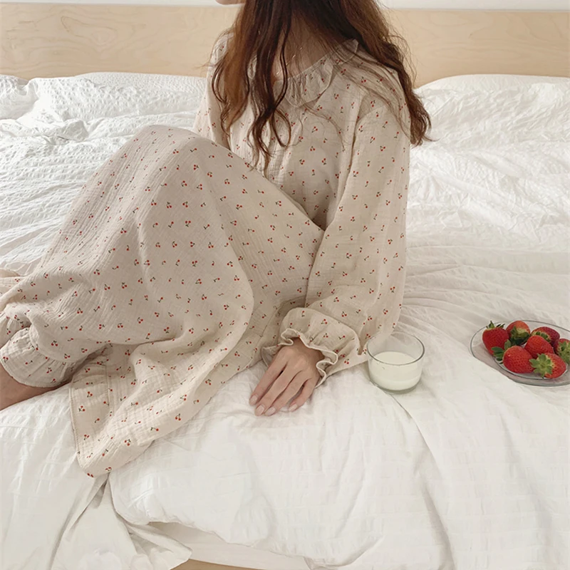 Autumn Ruffle Nightgown Women Cherry Print Sleep Dress Loose Casual Cute Homewear Long Sleeve O-neck Nightdress Sexy Soft S1032
