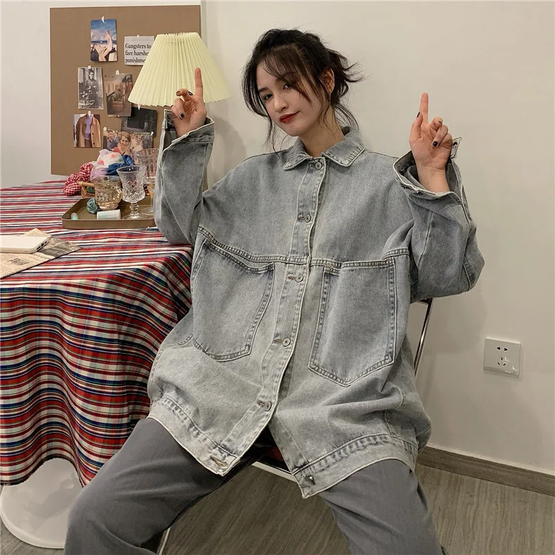 

Women Korean Style Solid Design Single Breasted Retro Oversize Loose Button Jacket Coats Casual Denim Pocket Coat Chic Tops