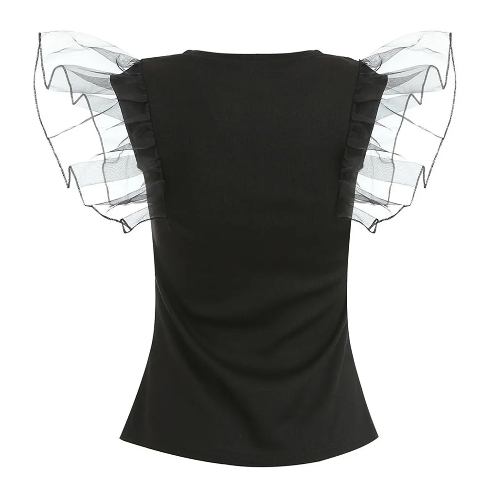 Элегантная пикантная блузка в рубчик с рюшами Женские Прозрачные топы и блузки