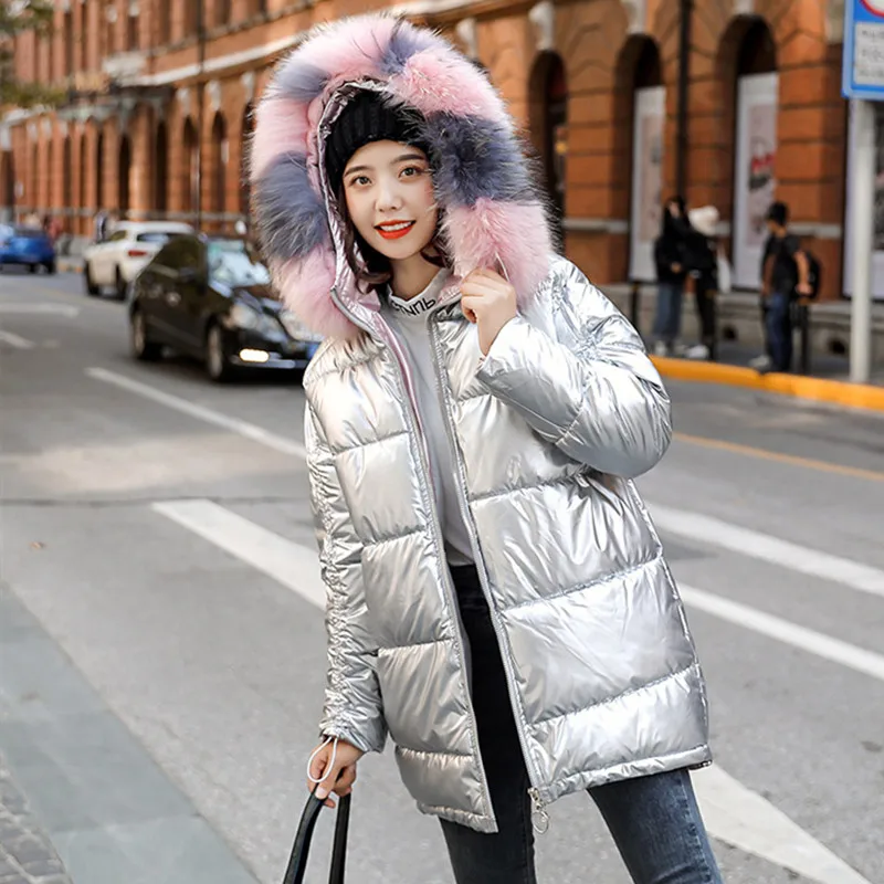 Женский пуховик с большим воротником теплая парка капюшоном и из натурального