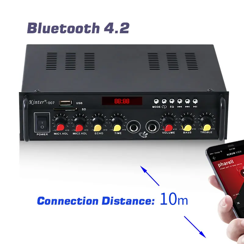 Kinter 007 усилитель звука аудио для динамика 30 Вт* 2CH AC источник питания DC12V Поддержка bluetooth 4,2 USB TF вход FM металлический корпус
