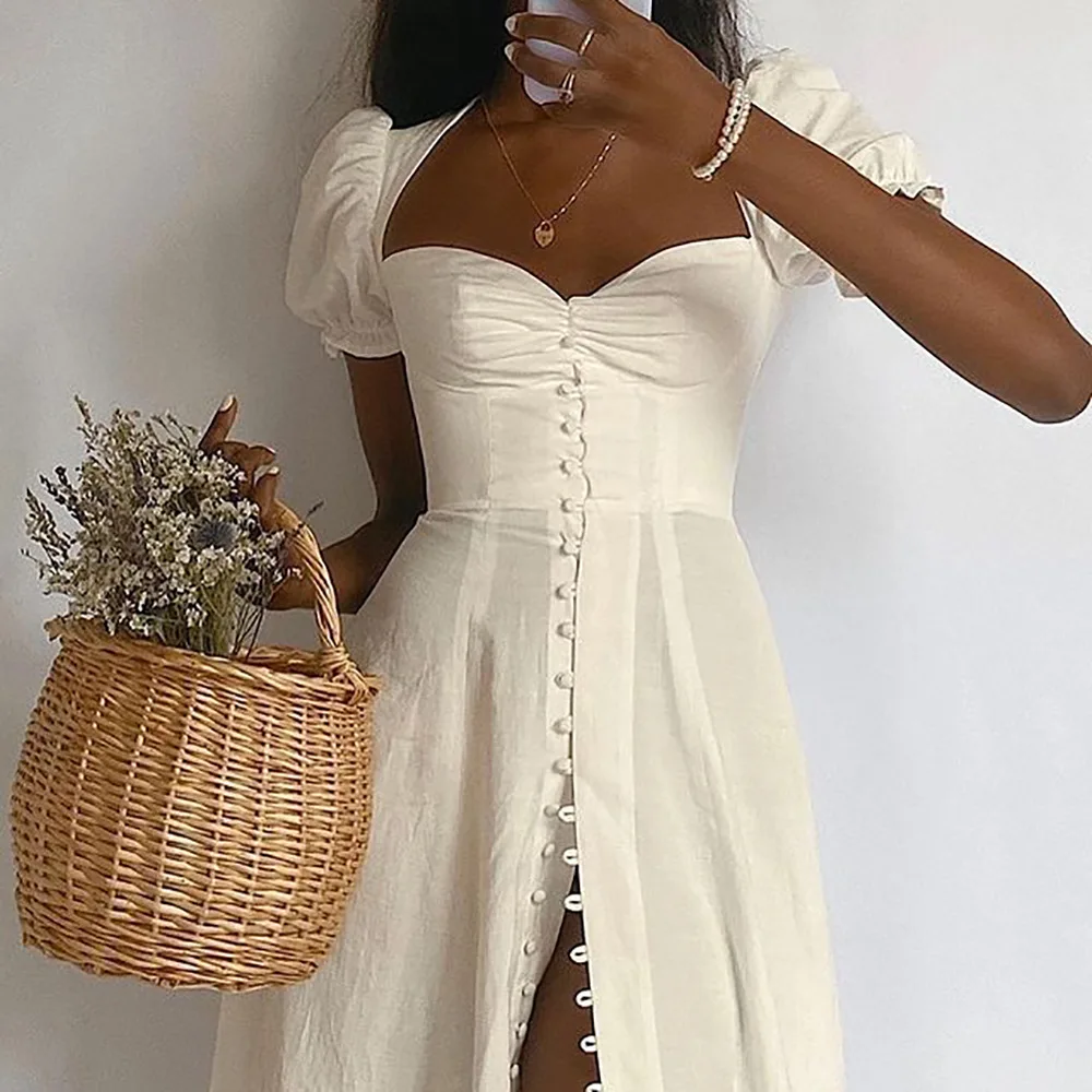 

Women Spring Autumn Casual 2021Vintage Solid Button Midi Dress Sexy Princess Sleeves Party Club Strapless High Split Dresses