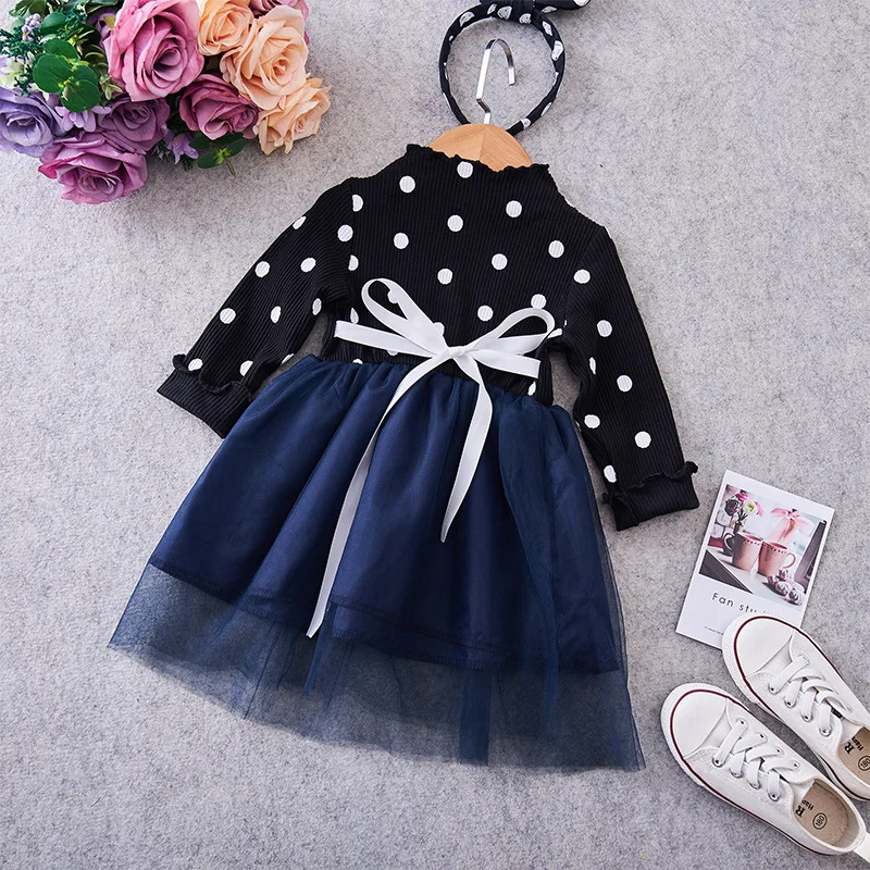 Новое Детское платье для девочек в горошек с длинными рукавами дня рождения