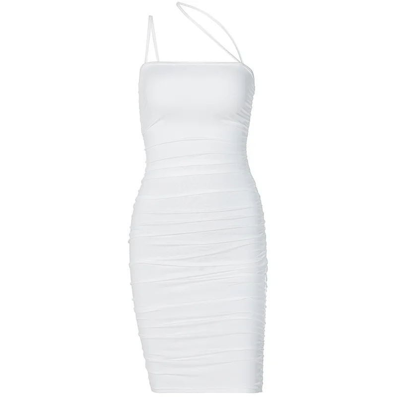 

FAKUNTN Solid Color Sexy Mini Bodycon Dress Women Summer New 2021 Fashion One Shoulder Sleeveless Slim Party Dress Vestidos