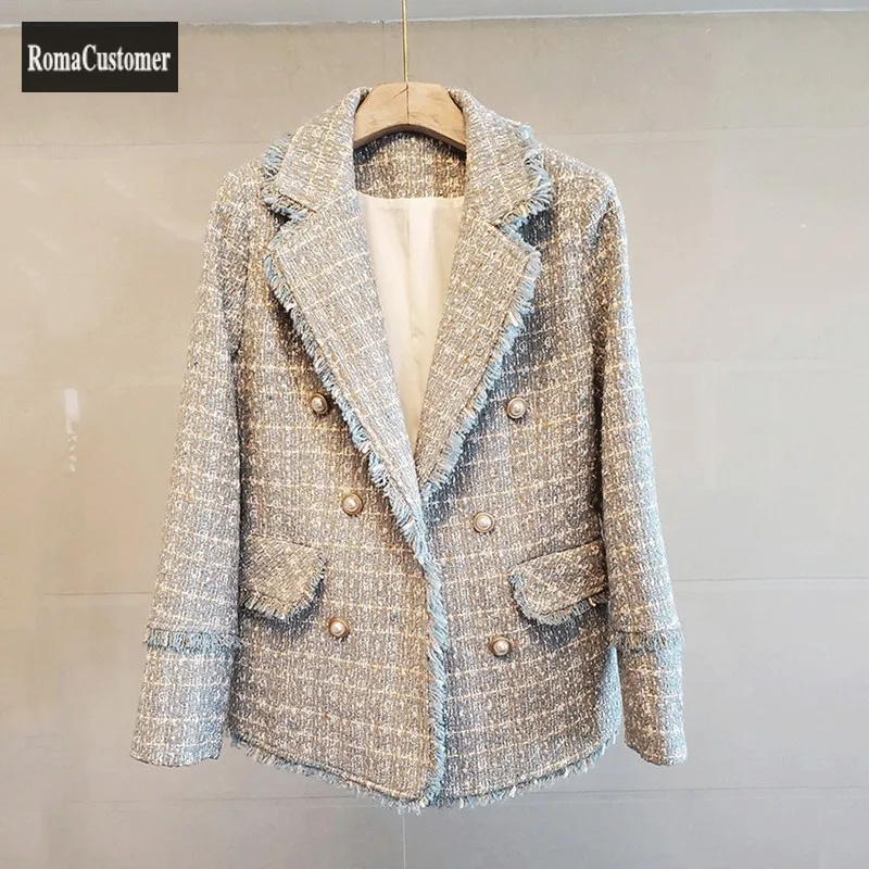 

Твидовые костюмы во Франции, блузка, Осень-зима, Модные Элегантные корейские приталенные клетчатые двубортные повседневные куртки со сраще...