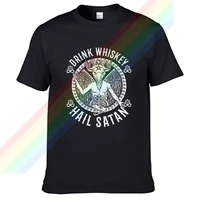drink whiskey hail satan white logo t shirt for men limitied edition unisex brand t shirt cotton amazing short sleeve tops