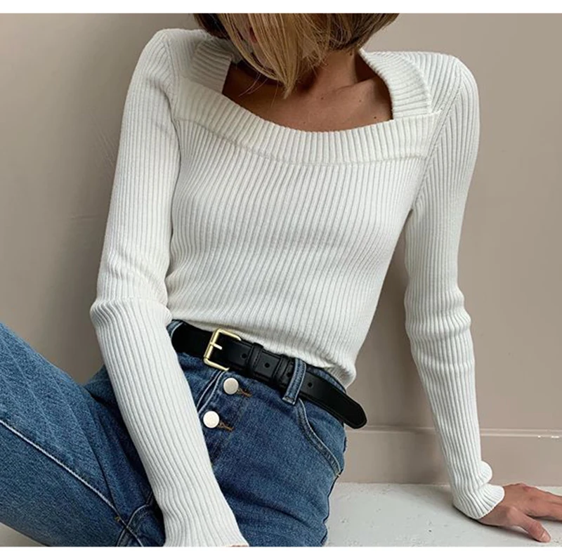 

2021 Autumn Winter New Casual Square Collar Ribbed Sweater White Long Sleeve Stretchy Knitted Pullovers Ladies Solid Top