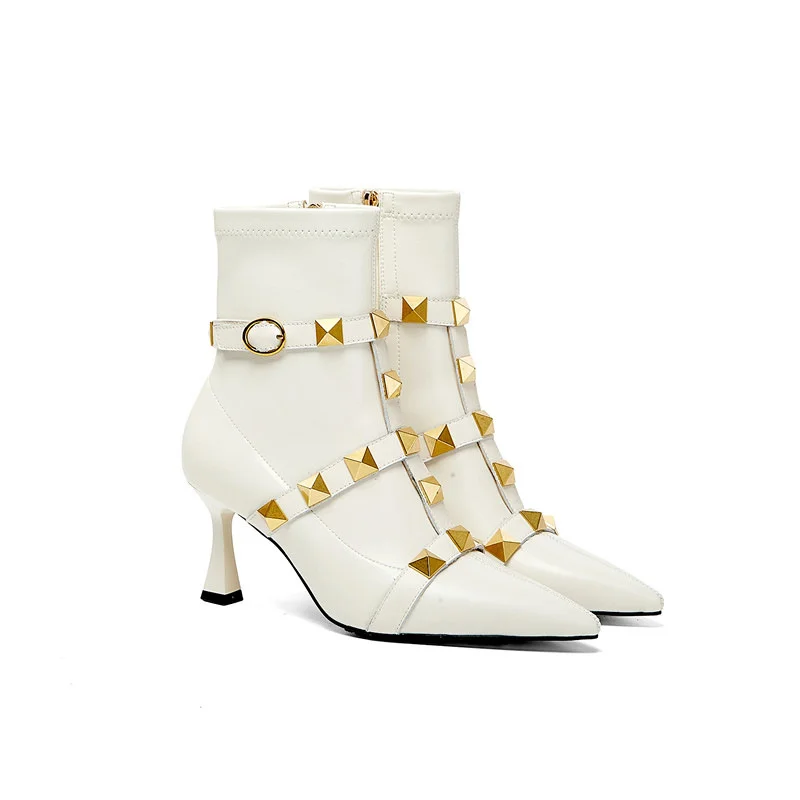 

European Station Rivet Fashion Fall 2021 New Pointy Stiletto Nude Boots Fashion High Heel Ankle Boots For Women