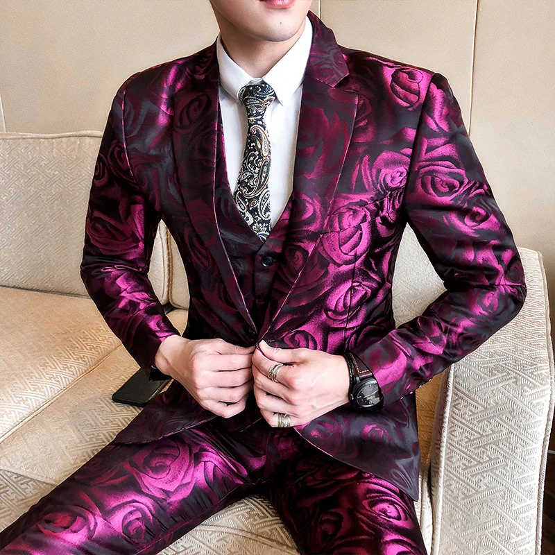 New arrive jacquard suit men High quality printed rose casual tuxedo wedding men's plus size 2020 summer fashion party | Мужская