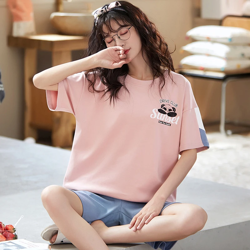 

Summer Korean Sweet Pink Women Sleepwear Kawaii Panda Cartoon Pajamas Sets For Women Oversized Cotton Short Sleeve Girl Homewear