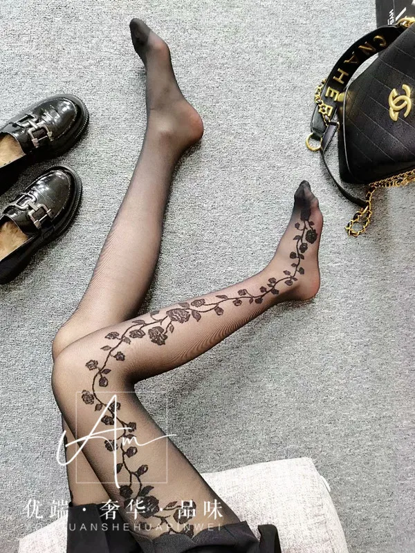 

Slimming Dark Retro Rose Black Silk Hot Girl Wear Jacquard Stockings Court French Embroidery Lace Panty-Hose