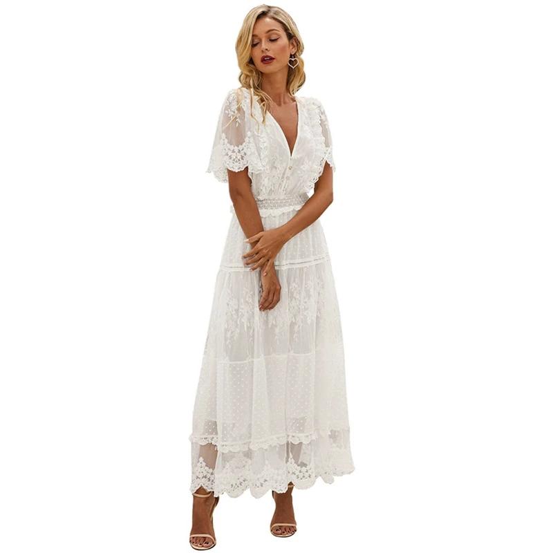 

2Pcs Hollow Out White Dress Sexy Women Long Lace Dress Cross Semi-Sheer Plunge V-Neck Short Sleeve Lace Maxi Dress M & L