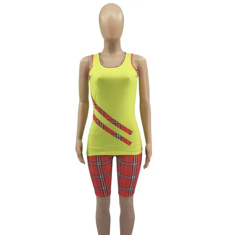 

TNNAOFF Plaid Patchwork Two Piece Tracksuits Women Set Vacation Outfits Sleeveless Tank Sexy Sweatpant Lounge Wear Matching Se