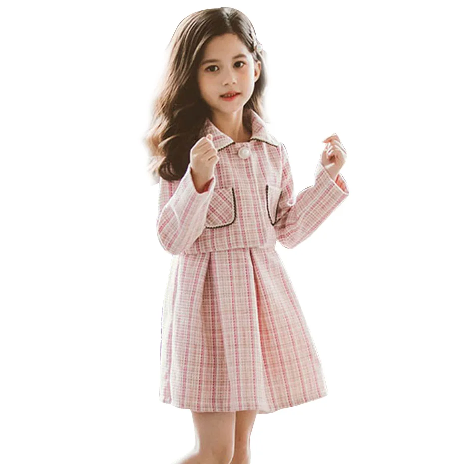 Детская одежда 2020 клетчатая куртка и платье для девочек 2 шт. с длинным рукавом