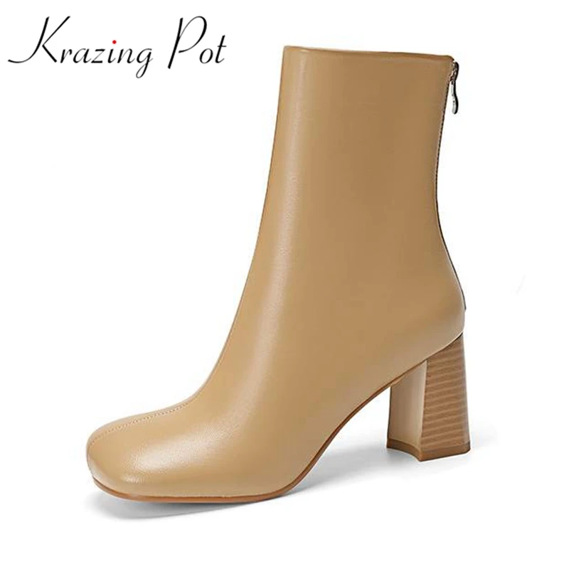 

Krazing pot sheep leather winter 2021 strange style square toe Chelsea boots thick high heels zipper dating wear ankle boots l28