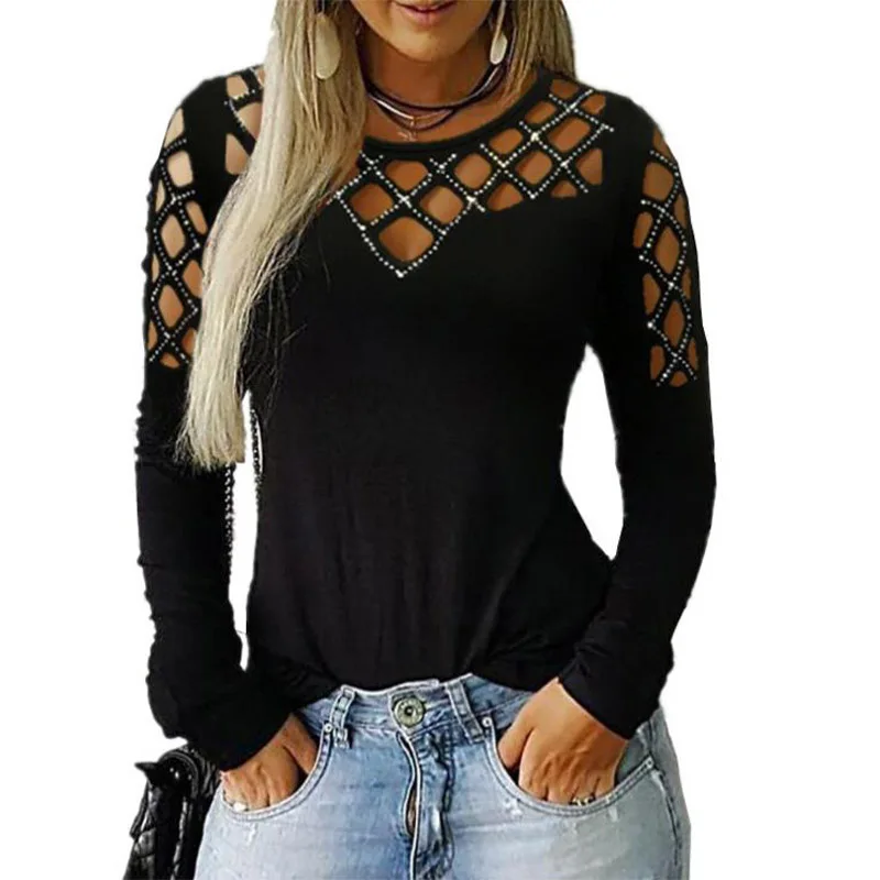 

Women Tops And Blouses Plus Size Female Clothing Fashion Casual Crew Neck Hollow-Out Studded Women Long Sleeve Shirt