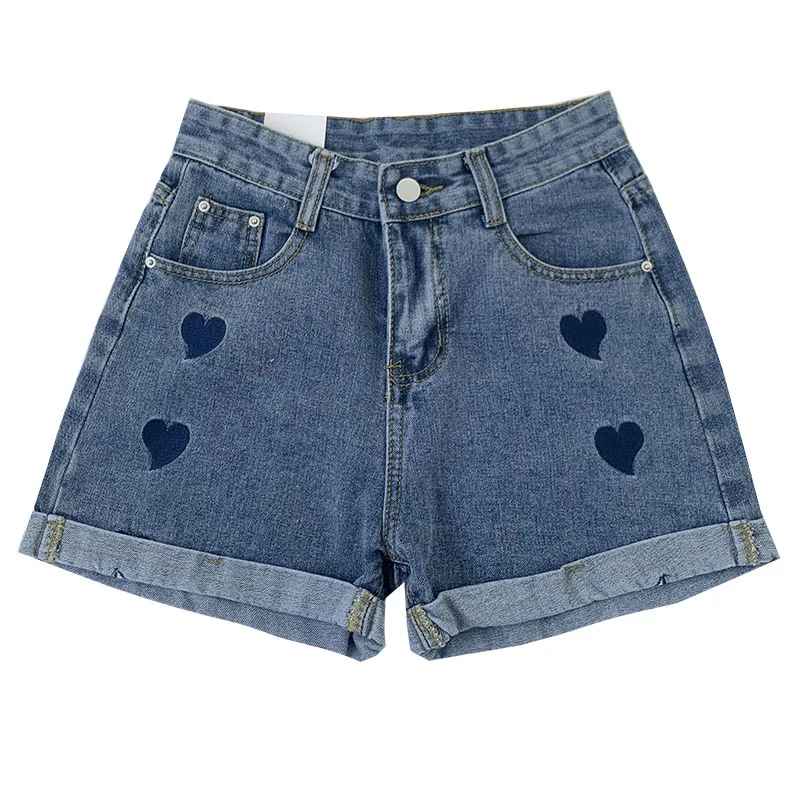 

2021 Summer Street Style Women Denim Shorts Love Embroidery Blue Hem High Waist Loose Skinny Short Jeans