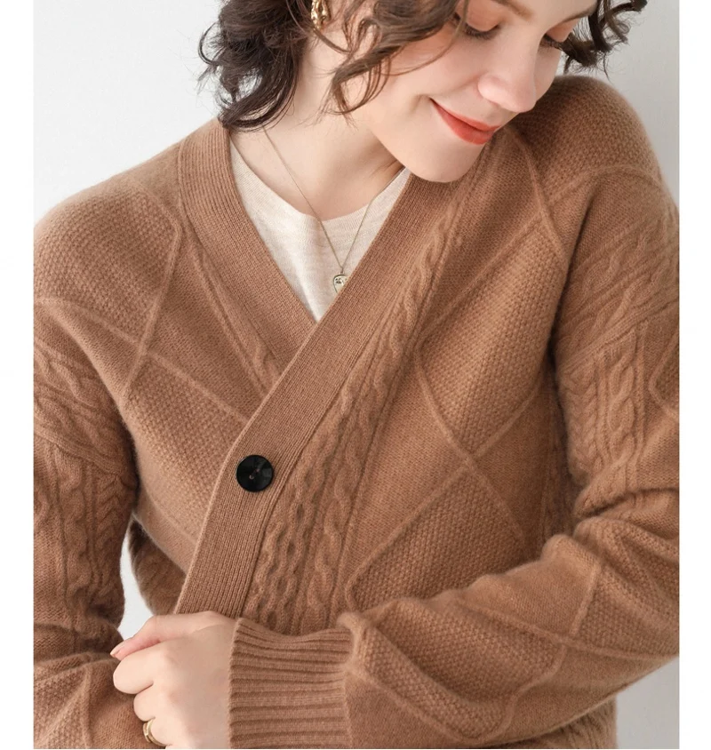 Women's 100% Real Wool Thick Type Buttons down Long Sleeve cableknit Sweater Cardigan Top Shirt YS008