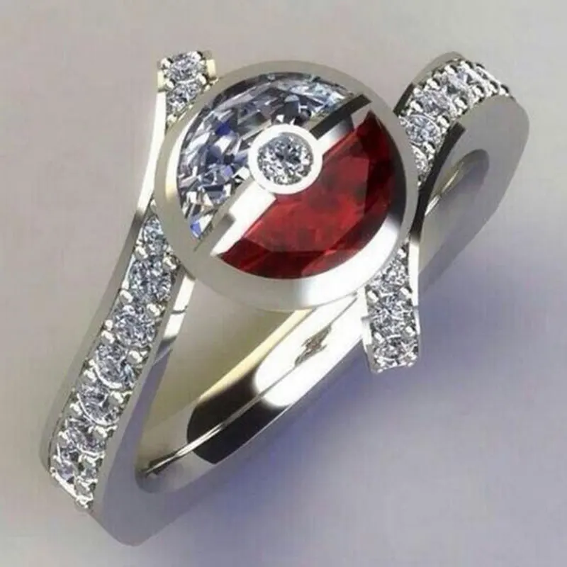 Женское кольцо в форме мяча монстра красного белого цвета с серебряным покрытием