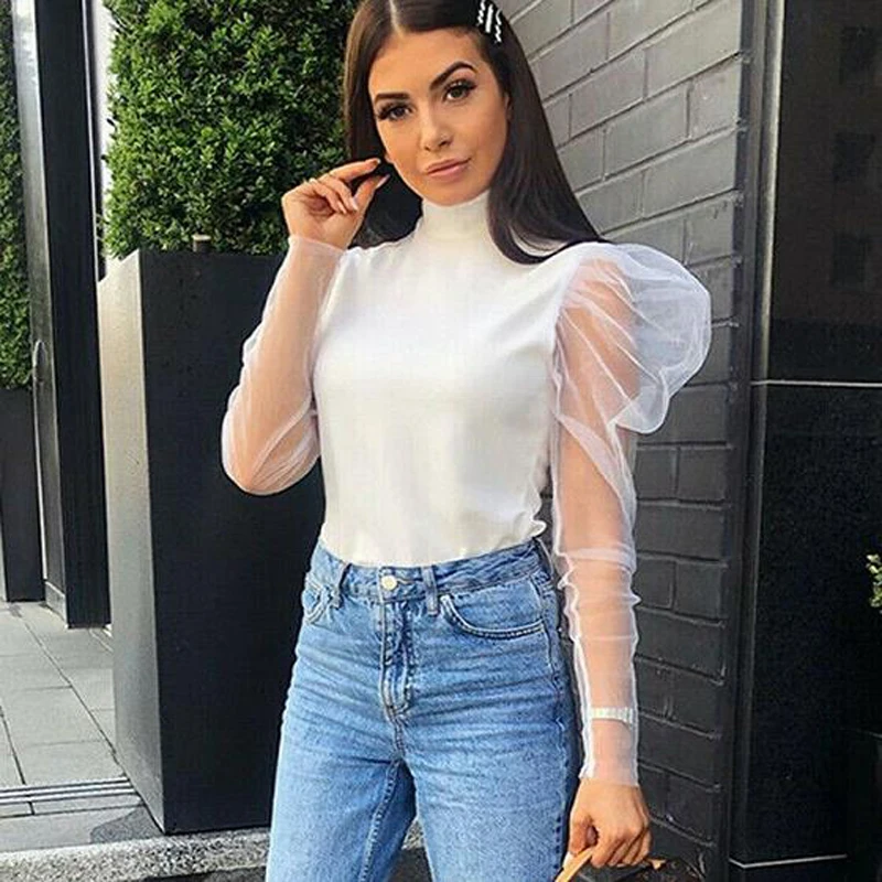 Женская прозрачная блузка элегантная однотонная шифоновая с высоким воротником