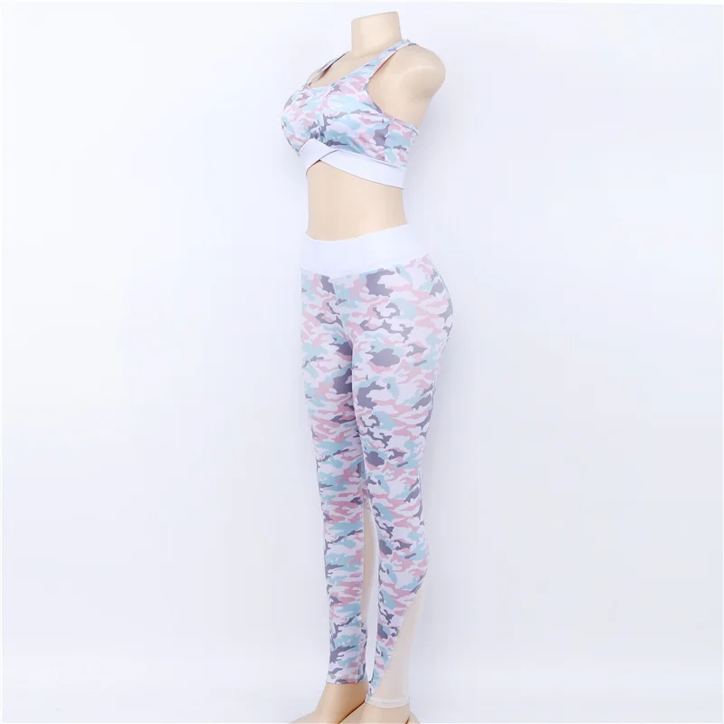 

Women Sport Suit Female Yoga Set Sexy Fitness Ensemble Tracksuit Blue White Camouflage Sportswear Gym Wear Running Clothing