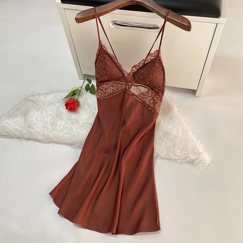

Women Sleep Dress Satin Spaghetti Strap Nightgown Lace Patchwork Intimate Lingerie Home Dressing Gown Sexy Sleepwear Homewear