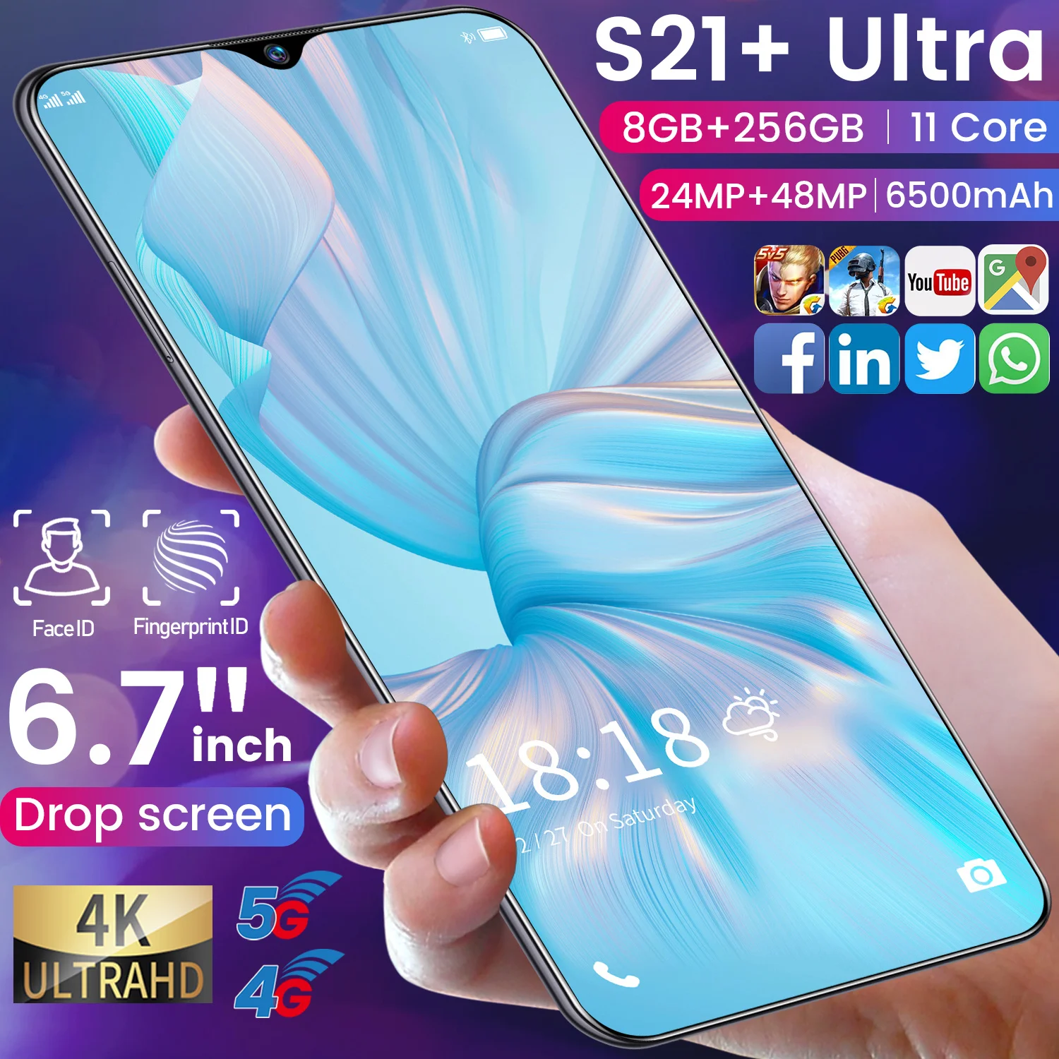 

Smartphone Android Global S21+ Ultra 6.7In HD+ 11 Core 8GB+512GB 1440*3200 24MP+48MP 6800mAh Andriod 11 Mobile Smart Phone