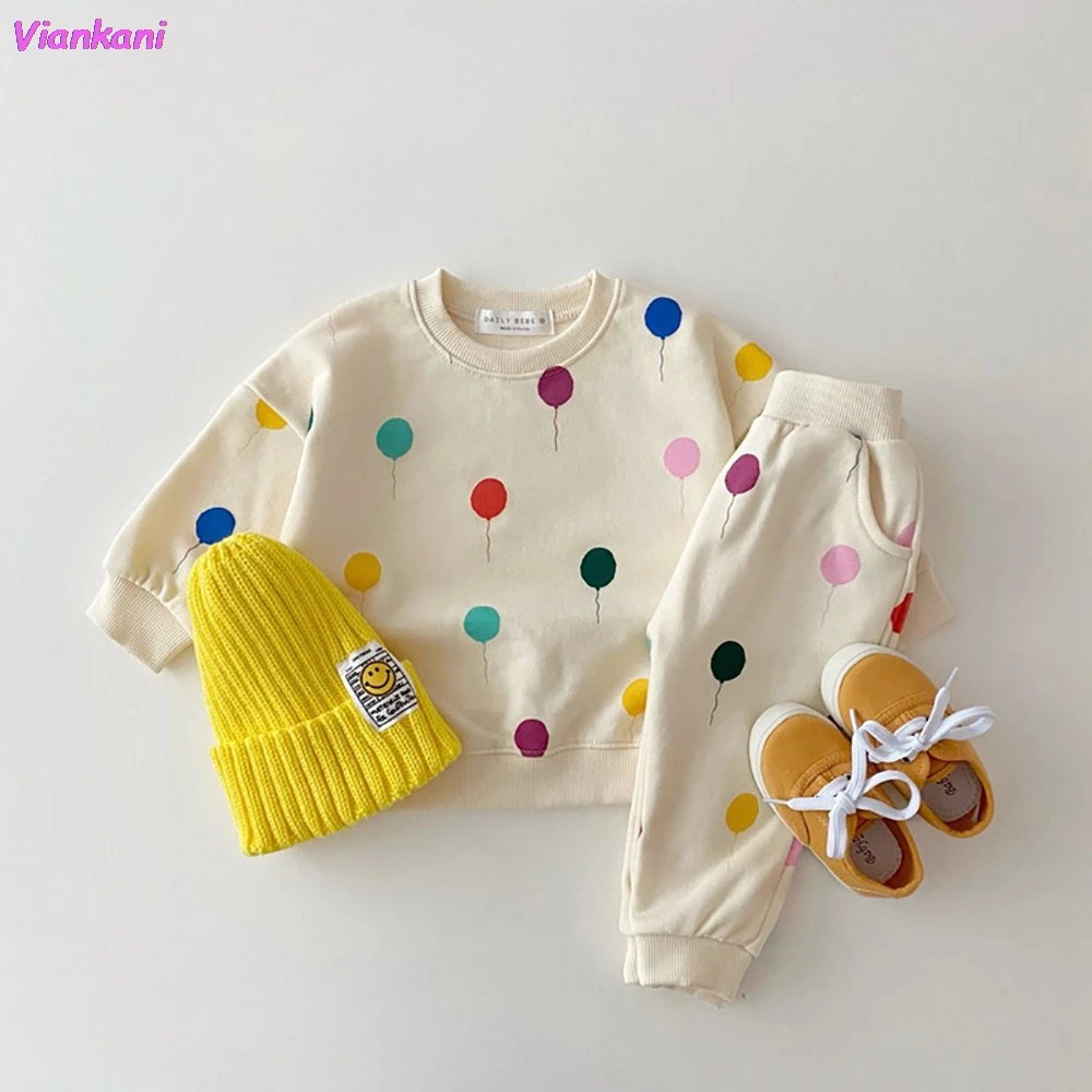 

Fashion Hot Selling Kawaii Children's Balloon Print Casual Sportswear Pleated Skirt Sweet Suit 2021 New Colored dots Girl 2 Set