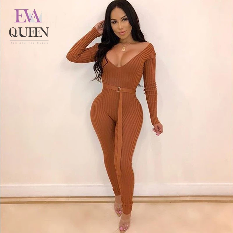 Женский трикотажный комбинезон EvaQueen Облегающий с длинным рукавом и треугольным