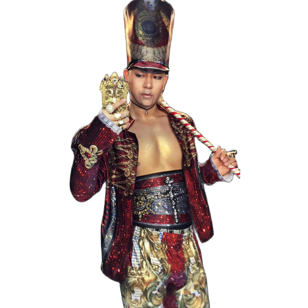 

Pattern Printing Four-Piece Suit Men Sparkling Rhinestones Tassel Cane Theatrical Costume Nightclub Show Wear Festival Outfit