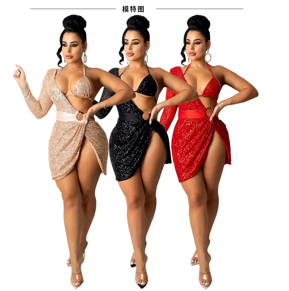 

Aniow Luxurious Sequin Halter Bra and One Shoulder Sexy Split Mini Dresses 2 Piece Set Party Night Red Christmas Robe Vestidos