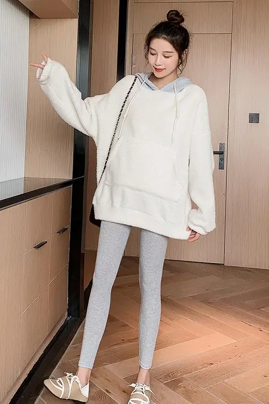 

8136# Autumn Winter Berber Fleece Maternity Hoodies Top + Legging Sets Korean Fashion Suits Clothes for Pregnant Women Pregnancy