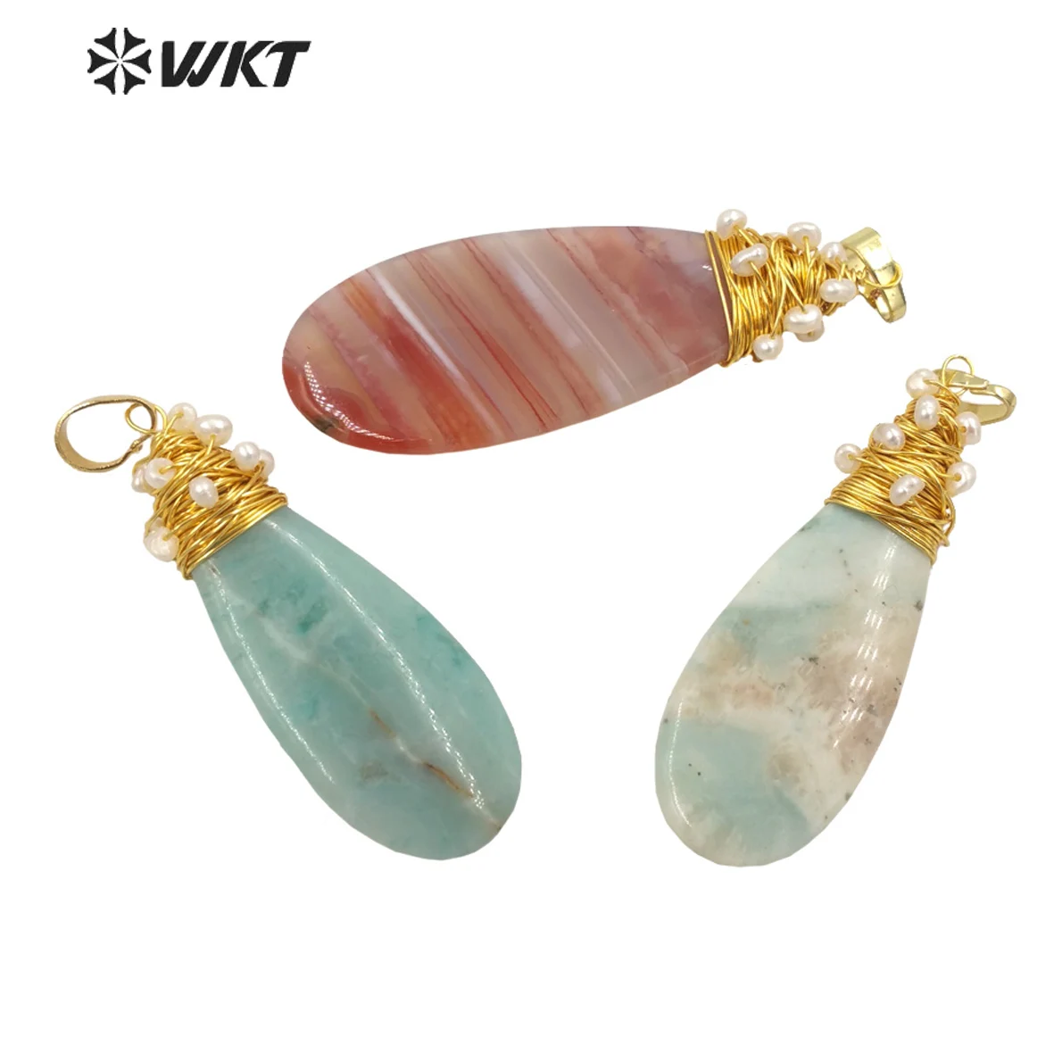 

WT-P1739 Natural textured coloured stone pendants water drop shaped gold with pearl thread wrapped pendants for women birthday