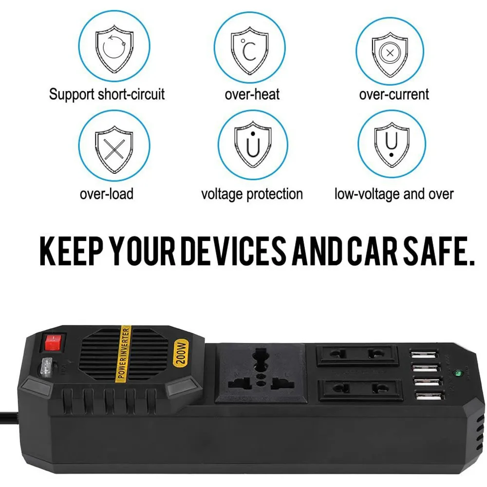

Portable Car Vehicle Transformer Inverter DC 12V To AC 220V 200W USB Output High Power Inverter Charger Converter Adapter