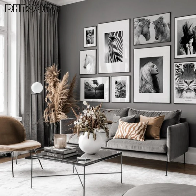 

Stylish Black and White Wall Gallery Animal Posters Zebra Tiger Canvas Painting Sexy Girls Print Wall Art Picture Home Decor