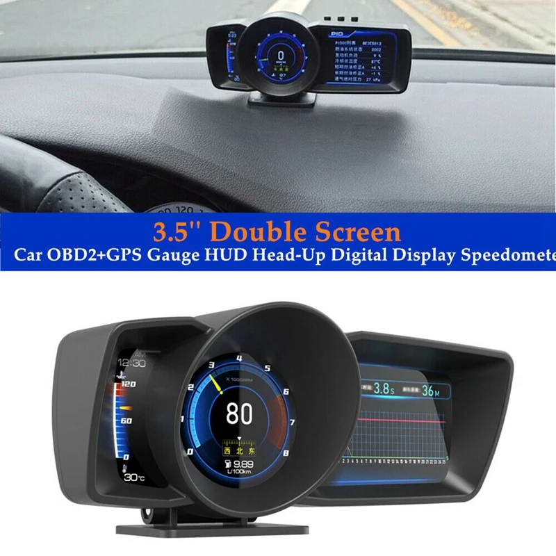 

3.5 Inch Multifunction Head-Up Display Double Screen Smart Car OBD2+GPS HUD Head-Up Display Speedometer A600