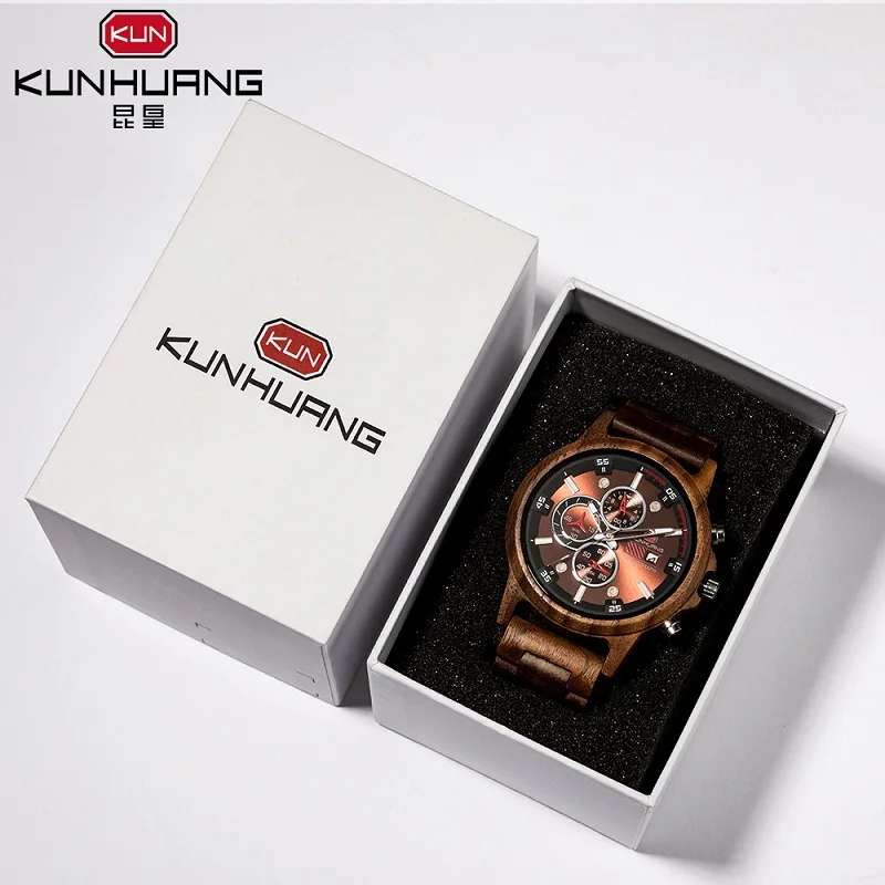 

KUNHUANG Watch Wood Quartz Watches for Men Chronograph Date Luminous Hands Colorful Wood Watch With Tool Box Dropshipping 2021