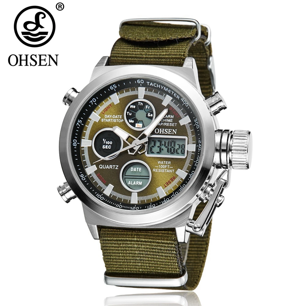 Мужские наручные часы OHSEN зеленые водонепроницаемые спортивные с хронографом