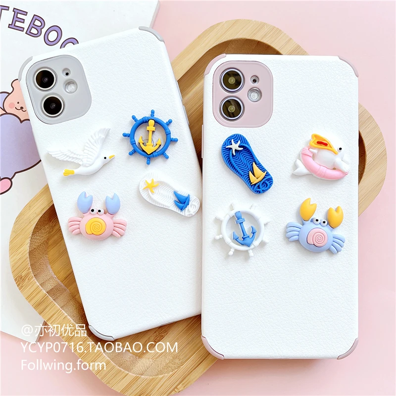 

For iphone 12/11 pro max Anti-knock Silicon case 3D Ocean style phone cover for 12mini ip 11 PU Leather Lambskin pattern shell