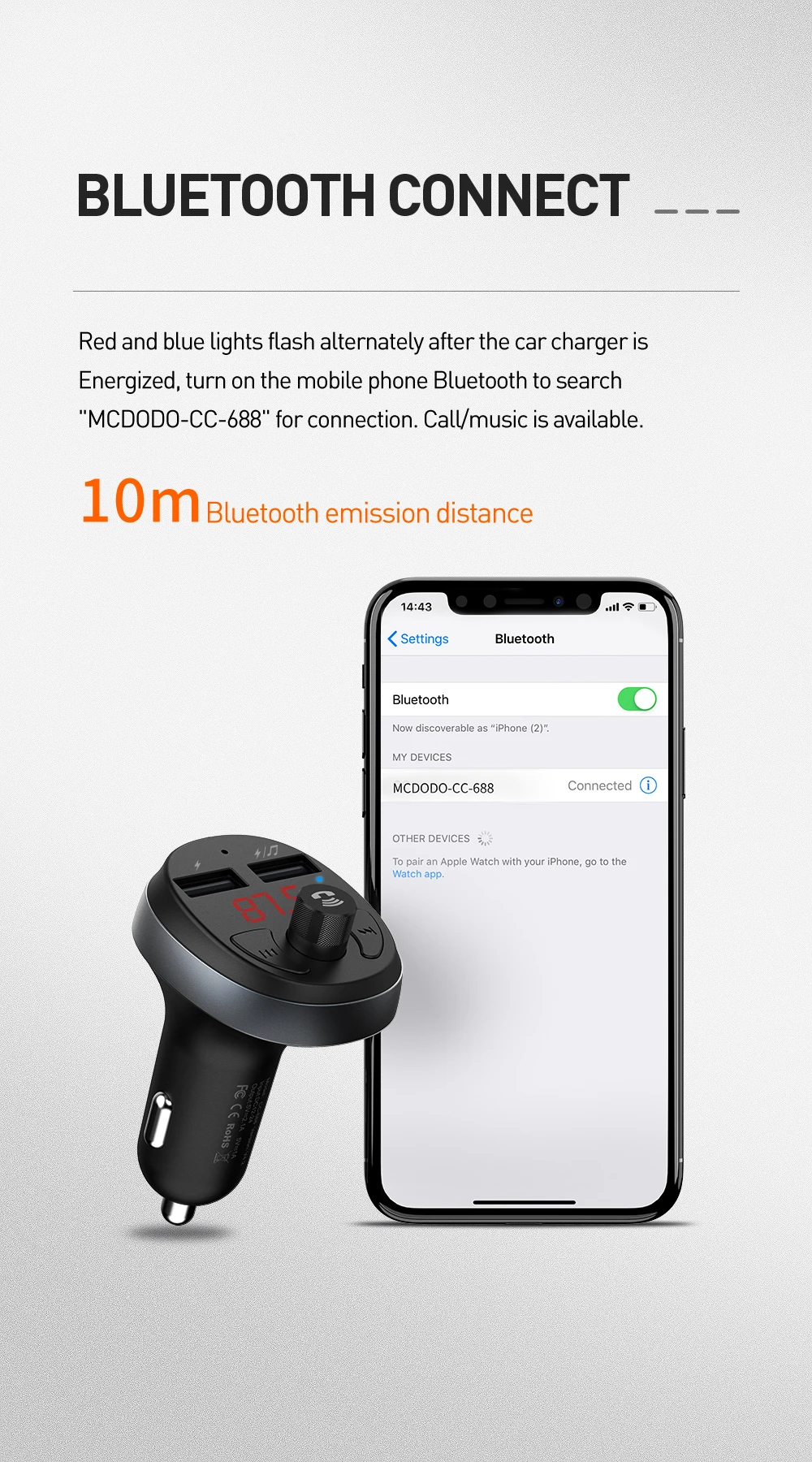 MCDODO, fm-передатчик, автомобильное зарядное устройство, светодиодный Bluetooth 4,2, громкая связь, беспроводной модулятор, автомобильный комплект, аудио MP3 плеер, двойной USB, быстрая зарядка
