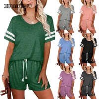 xuanshow summer style shorts sets womens tracksuit o neck short sleeved striped t shirt shorts suit jogging femme