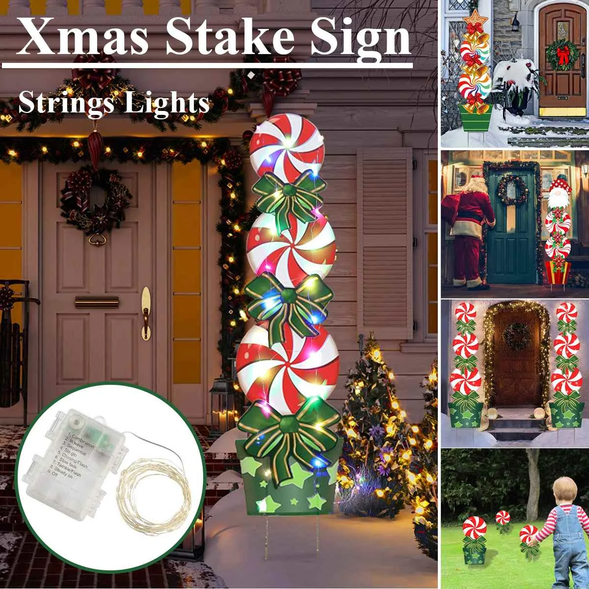 

Christmas Yard Signs Stakes Decorations Xmas Santa Claus Candy Garden Signs with String Lights New Year Holiday Christmas Decor