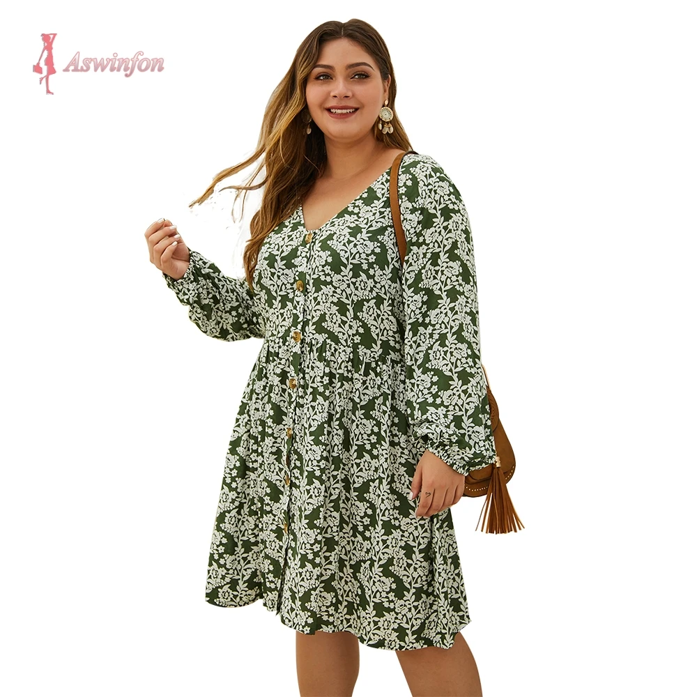 Aswinfon осень 2019 свободное женское платье средней длины с рисунком длинным рукавом