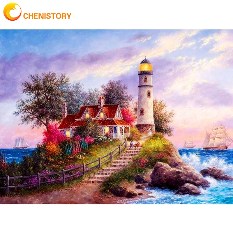 

CHENISTORY Paints By Numbers Set Lighthouse DIY Craft Kits On Canvas With Framed Handmade Oil Picture Drawing Coloring By Number
