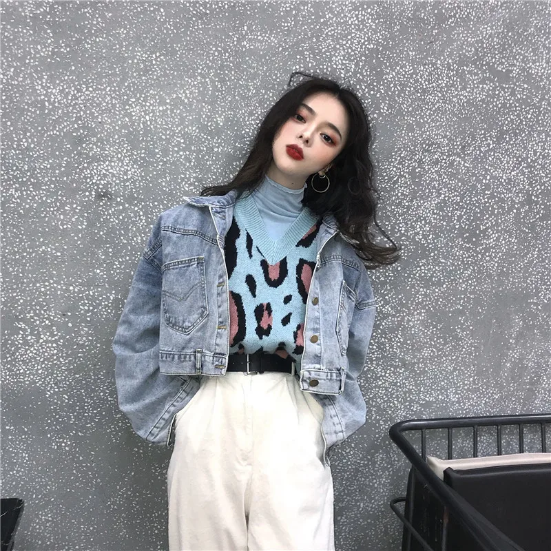

SALEQI V-neck Knitted Vest Sweater Women Autumn Spring Outwear Knit Vest Casual Sweater Korean Girl's Chic Leopard Sweater Vest
