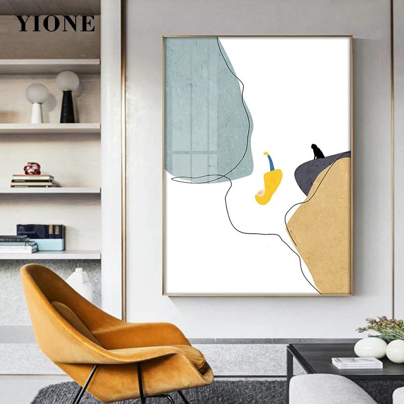 

Nordic Art Paintings Girl Black Cat Mountain Line Abstract Canvas Poster Prints Wall Pictures for Kids Room Bedroom Home Decor