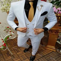 fitted white double breasted suits for men three pieces coat pant and vest formal prom mens suit 2021 groom wear wedding tuexdos